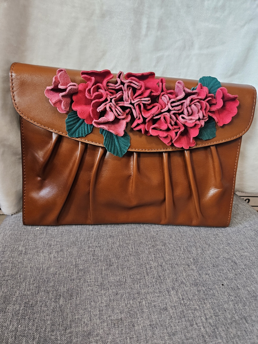 Patricia Nash Cognac  Leather Clutch with Pink And Red Suede Floral Appliqué